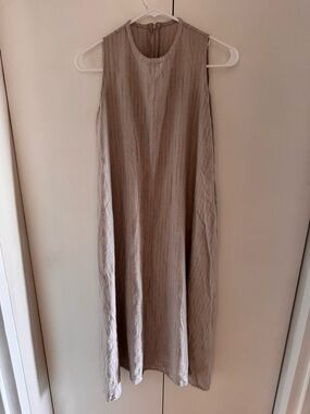 Linen Sleeveless Beige Striped Shift Dress